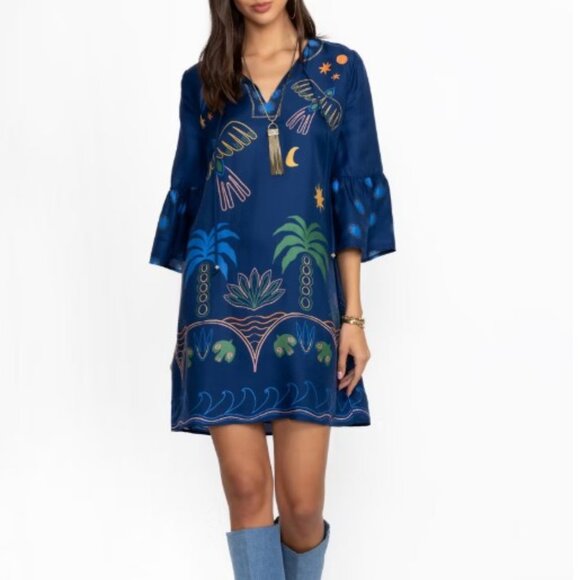 NWT Johnny Was Jade JWLA Biya Lorianne Lined Dress Del Tie Front Bell Sleeve - Picture 2 of 10
